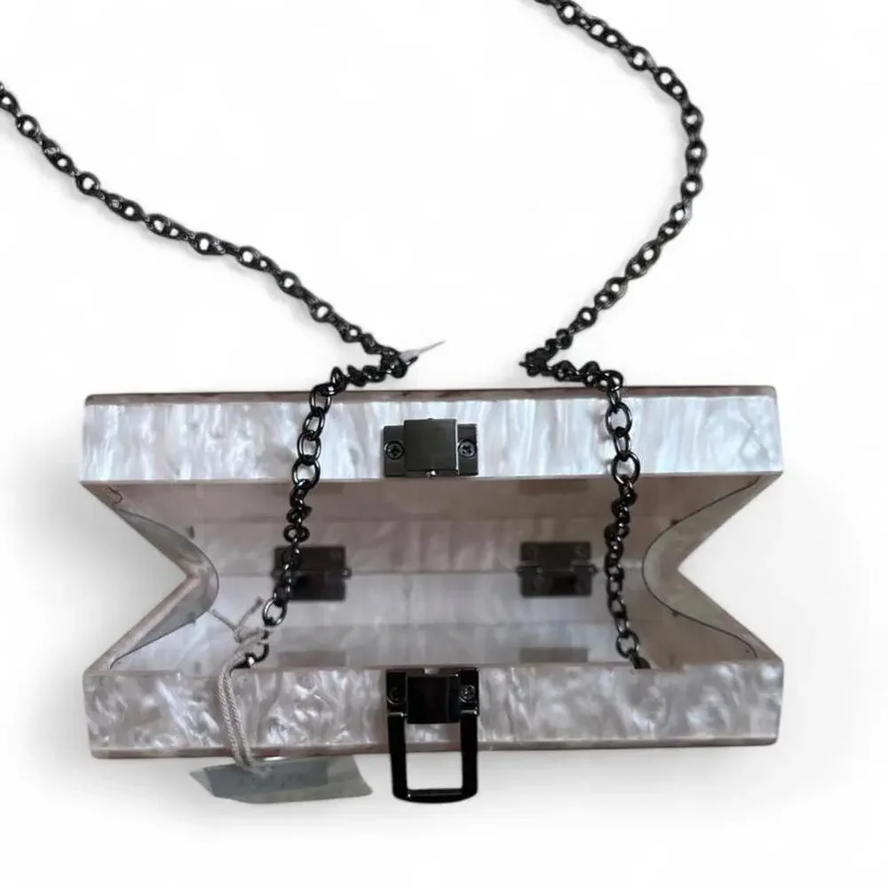 Pearlescent Acrylic Box Clutch Ivory Iridescent White Marble Evening Bag - Picture 4 of 4